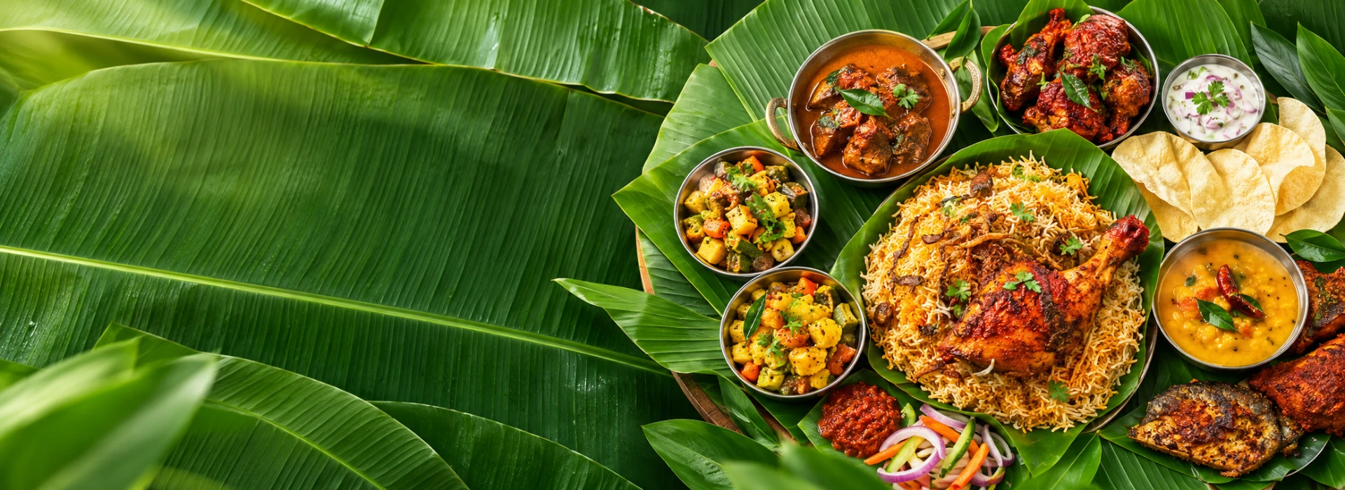 A Banana Leaf Apolo catering spread on banana leaves