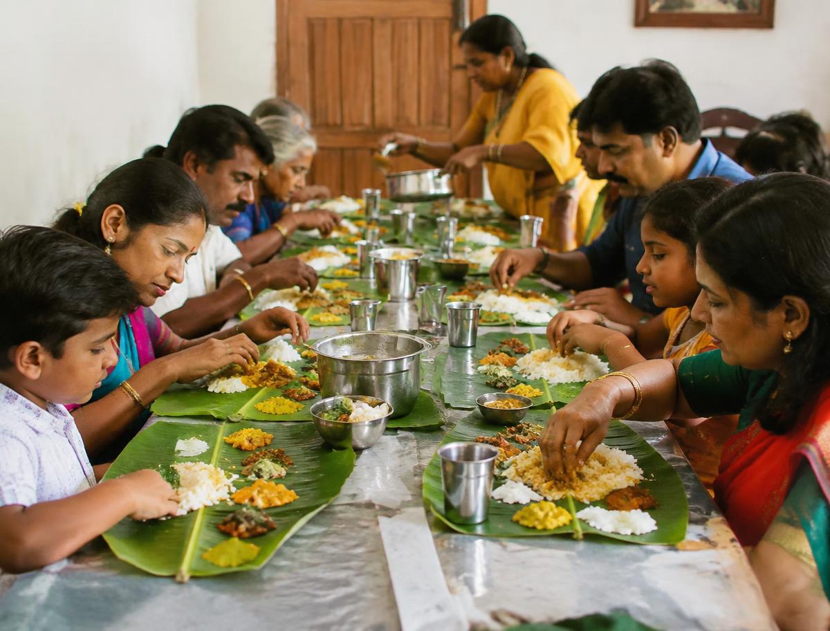 Family sharing a banana leaf meal